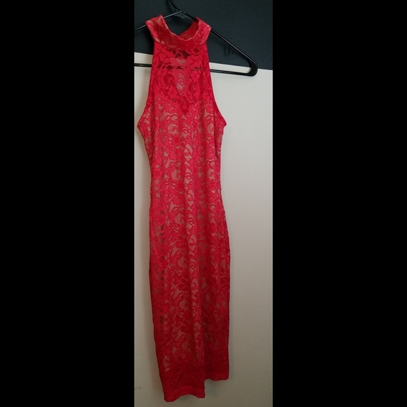 NEW LISTING! Red Nude Illusion Lace Mock Neck Dress - Picture 13 of 17